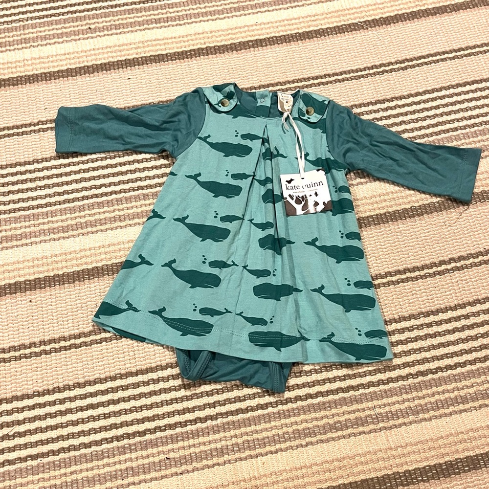 Kate Quinn Organics NWT long sleeve pleated dress, aqua whale print 6-12 months